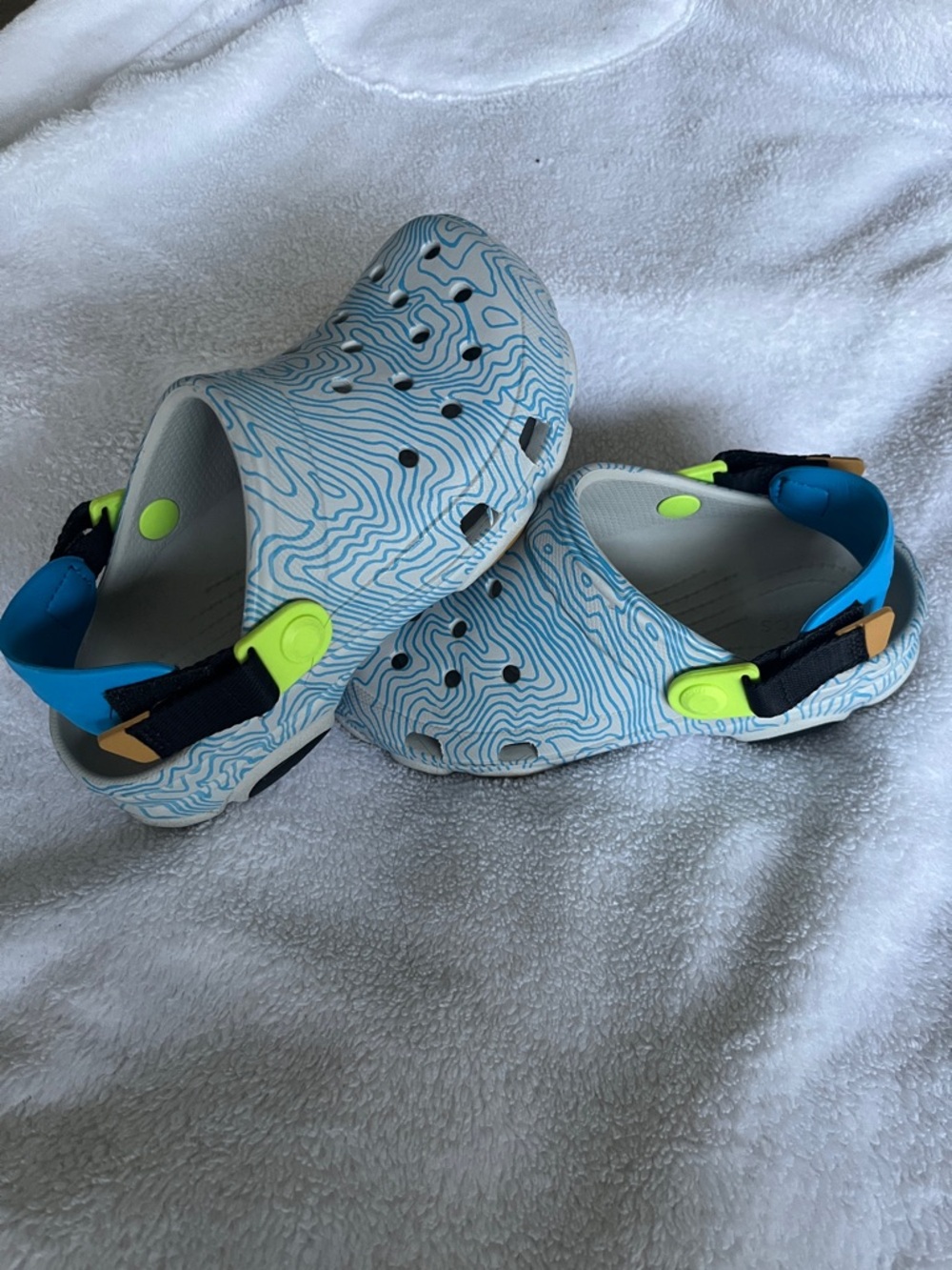 Light Blue Patterned Crocs Slip-On Clogs with Neon Accents